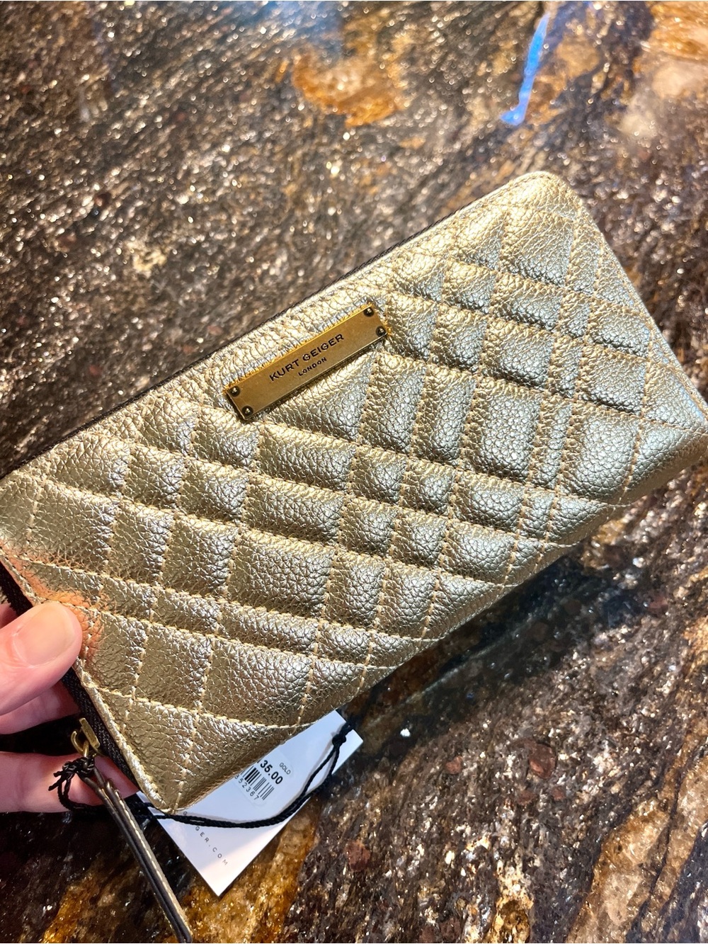 Kurt Geiger NWT! Quilted Metallic Gold Zippy Wallet